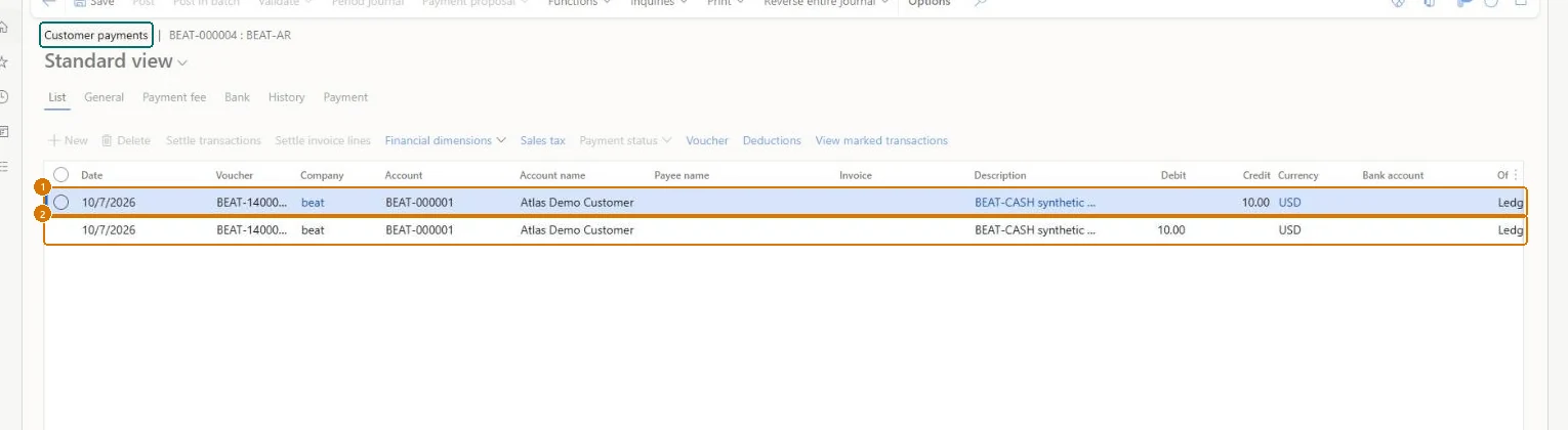 Post a customer payment journal (zoomed on the outlined fields)