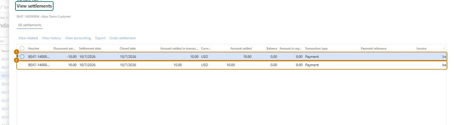 Check the payment settlement (zoomed on the outlined fields)
