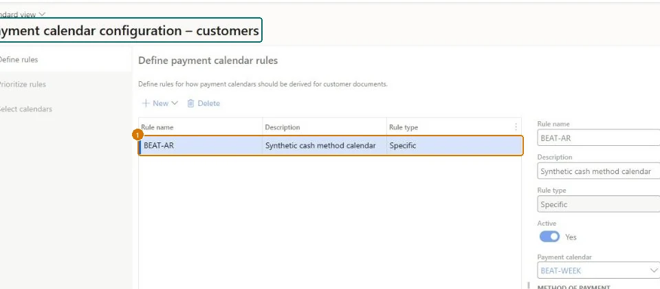 Create the payment calendar rule (zoomed on the outlined fields)