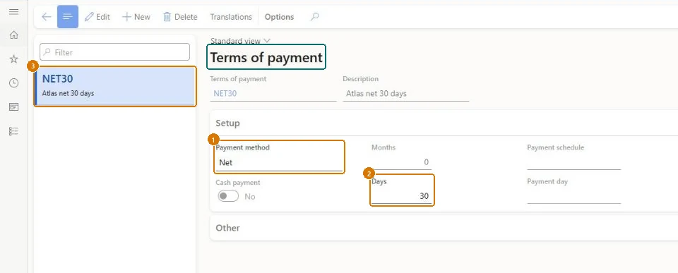 Create the terms of payment (zoomed on the outlined fields)
