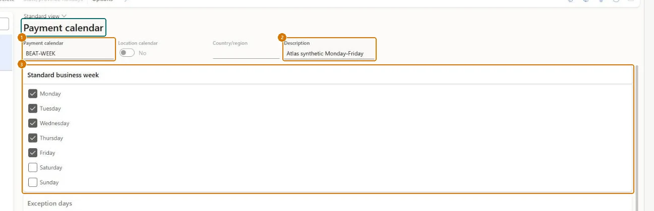 Create the payment calendar (zoomed on the outlined fields)