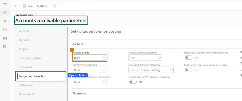 Set the default customer posting profile (zoomed on the outlined fields)