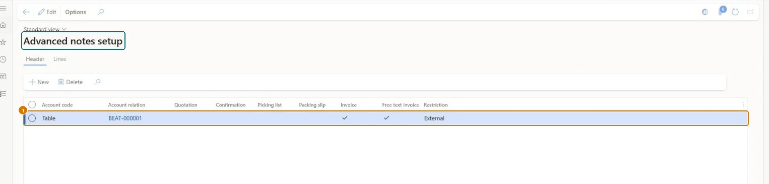 Set up the customer advanced note (zoomed on the outlined fields)