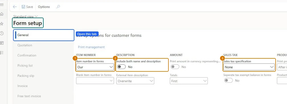 Set the customer form options (zoomed on the outlined fields)