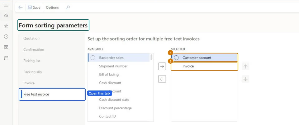 Set the free text invoice sort order (zoomed on the outlined fields)