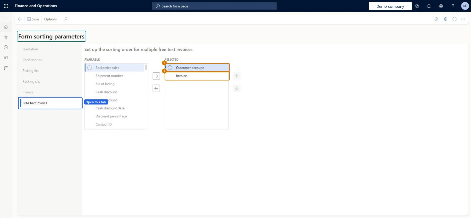 Set the free text invoice sort order
