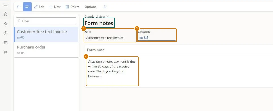 Add the form note for free text invoices (zoomed on the outlined fields)