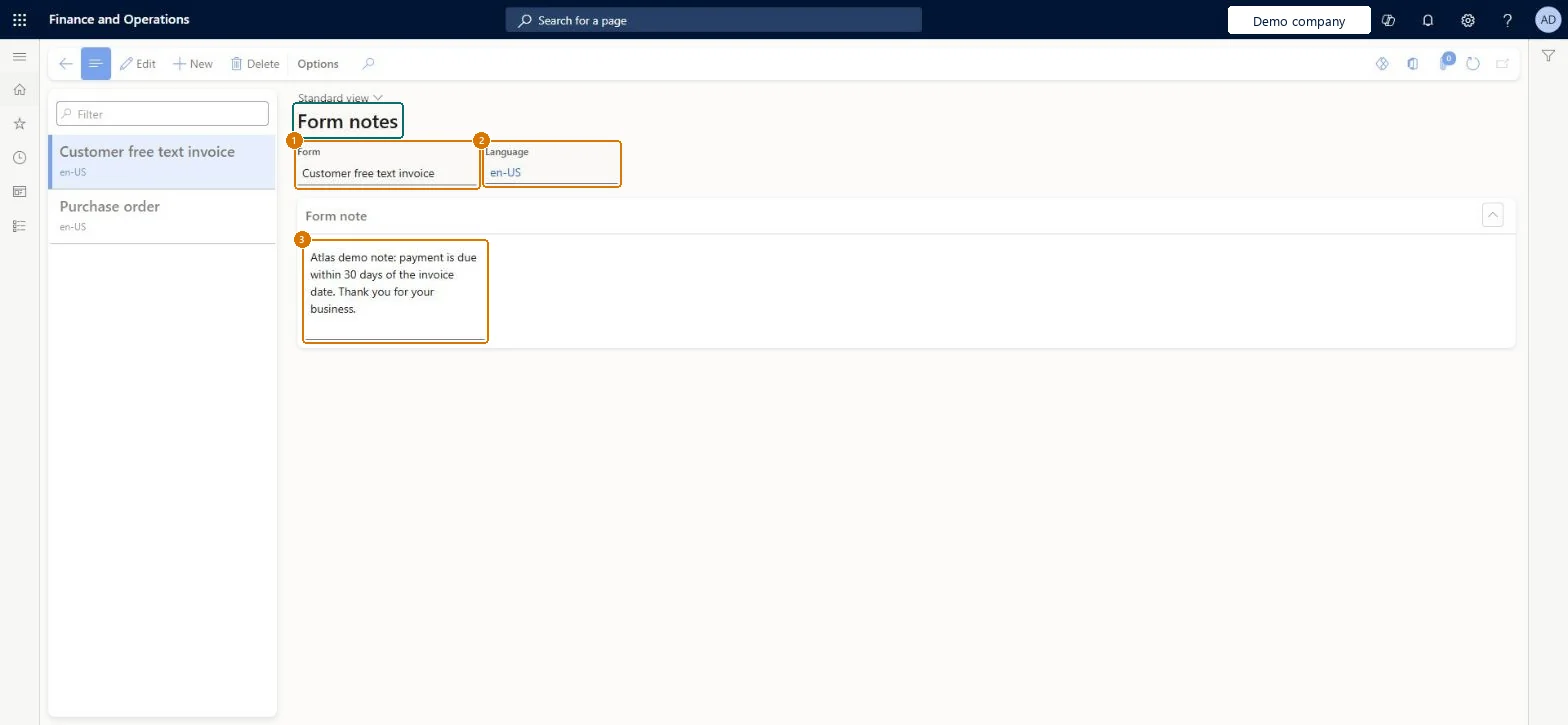 Add the form note for free text invoices