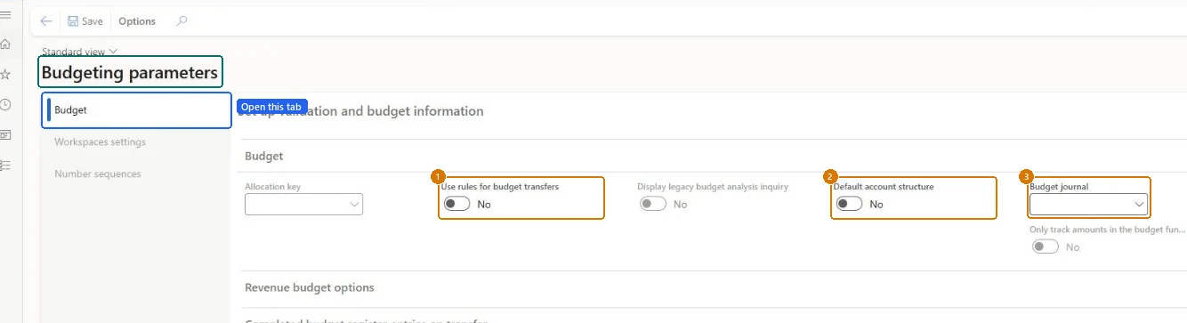 Review the budgeting parameters (zoomed on the outlined fields)