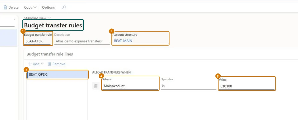 Create the budget transfer rule (zoomed on the outlined fields)