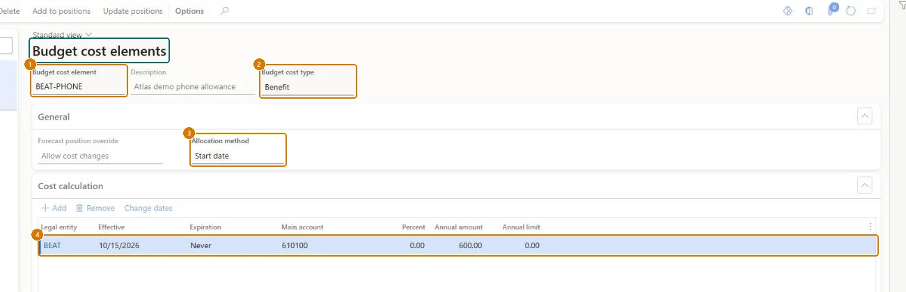 Create the budget cost element (zoomed on the outlined fields)