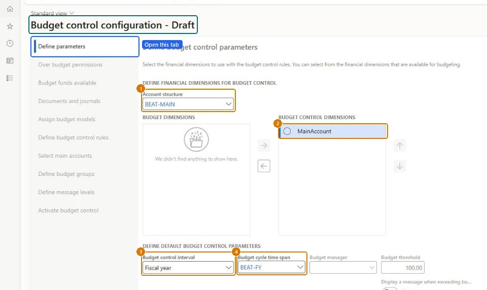 Create the budget control draft (zoomed on the outlined fields)