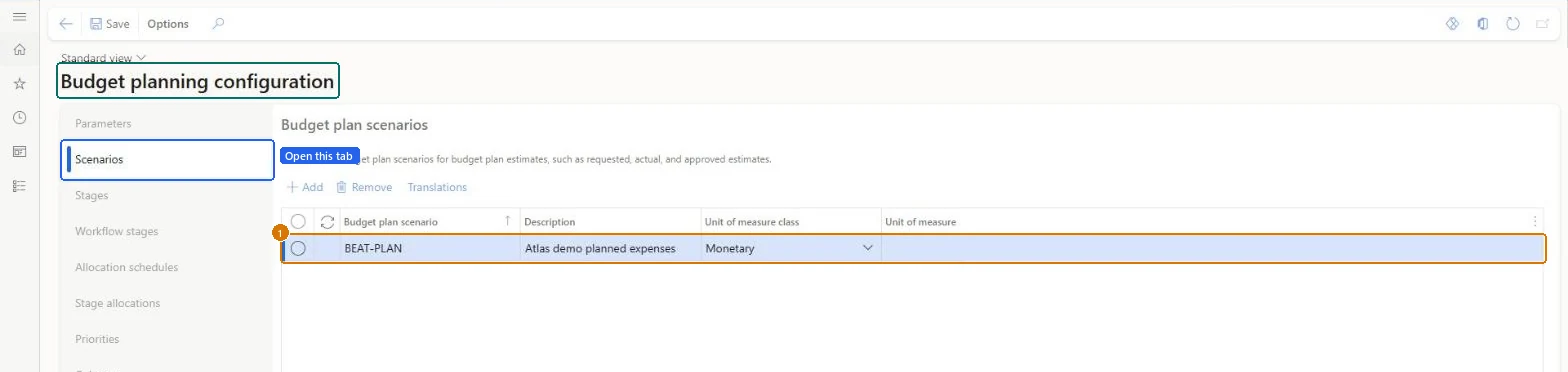 Create the budget plan scenario (zoomed on the outlined fields)
