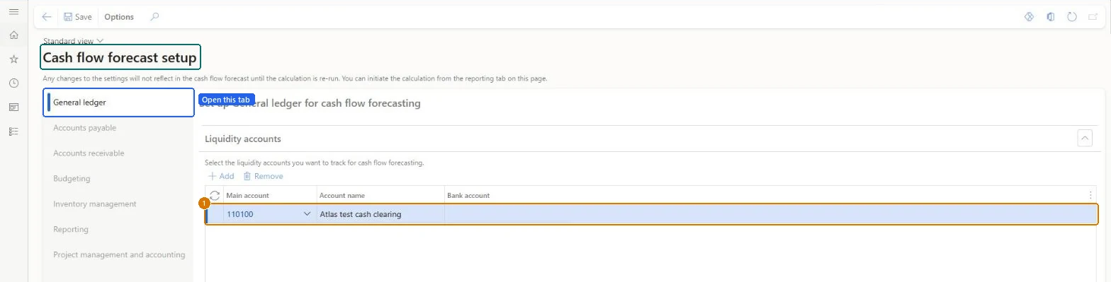 Choose the liquidity accounts (zoomed on the outlined fields)