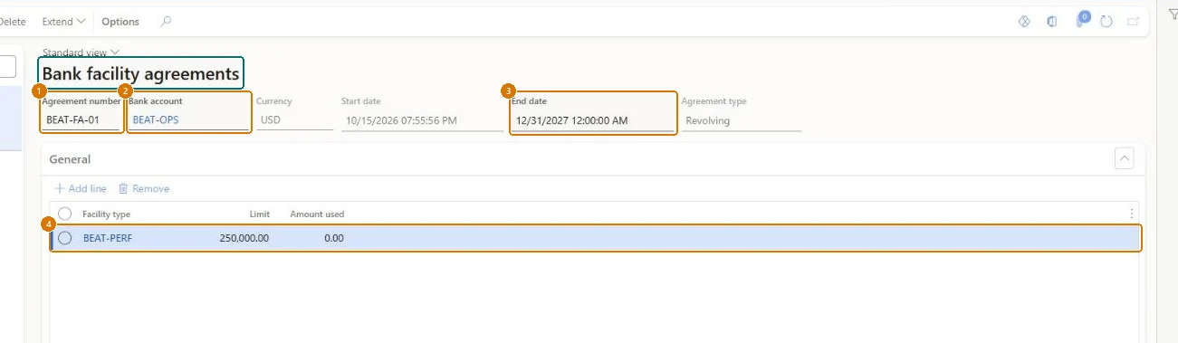 Record the bank facility agreement (zoomed on the outlined fields)