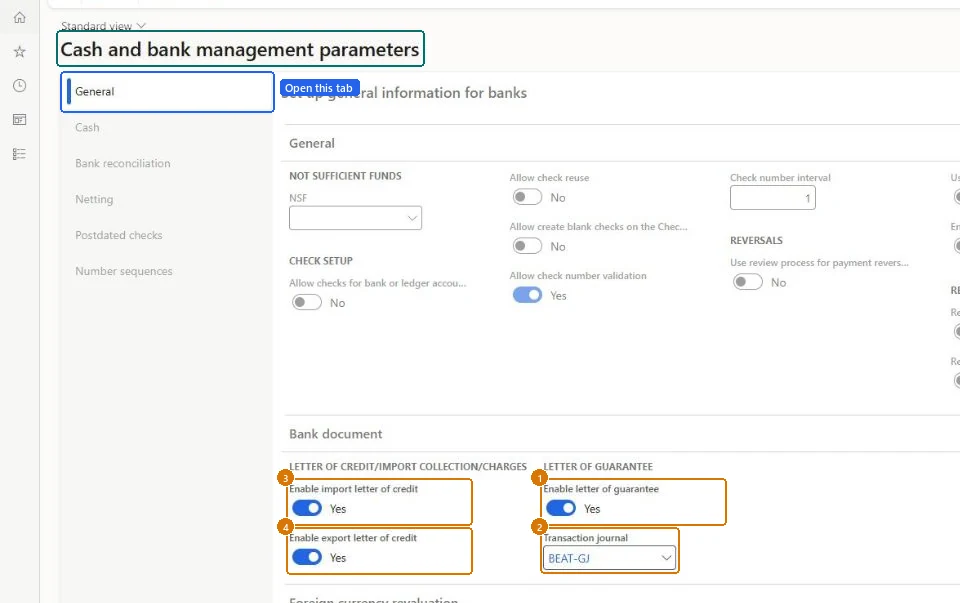Turn on bank documents (zoomed on the outlined fields)