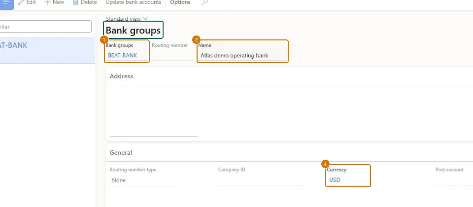 Create the bank group (zoomed on the outlined fields)