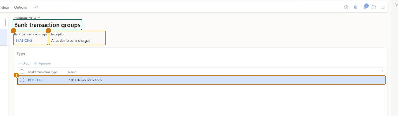 Create the bank transaction group (zoomed on the outlined fields)