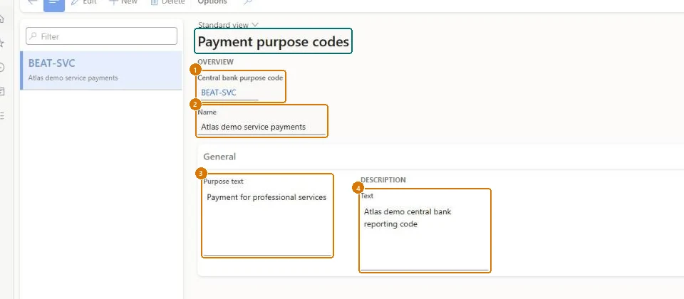 Create the payment purpose code (zoomed on the outlined fields)