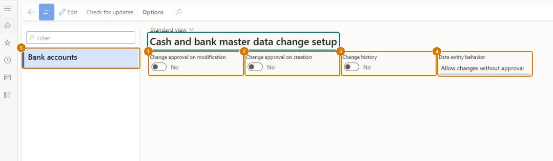Review the bank account change controls (zoomed on the outlined fields)