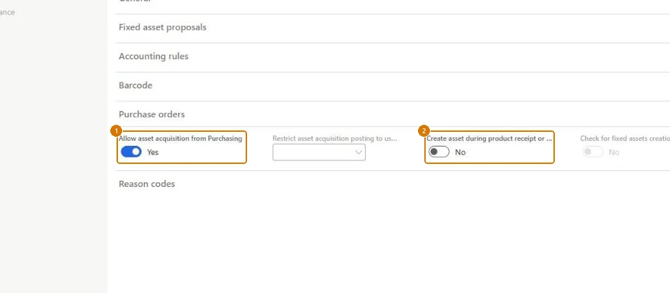 Review the fixed assets parameters (zoomed on the outlined fields)