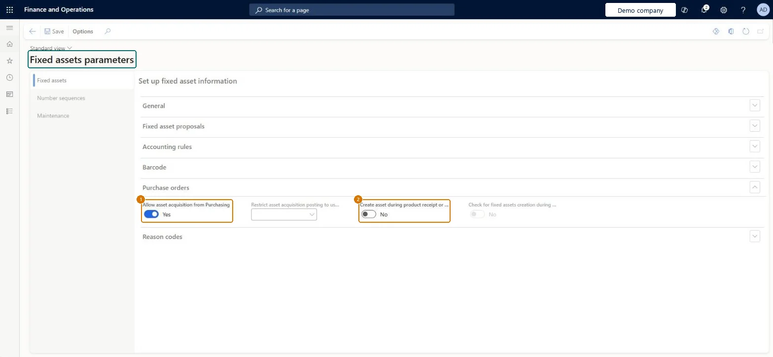Review the fixed assets parameters