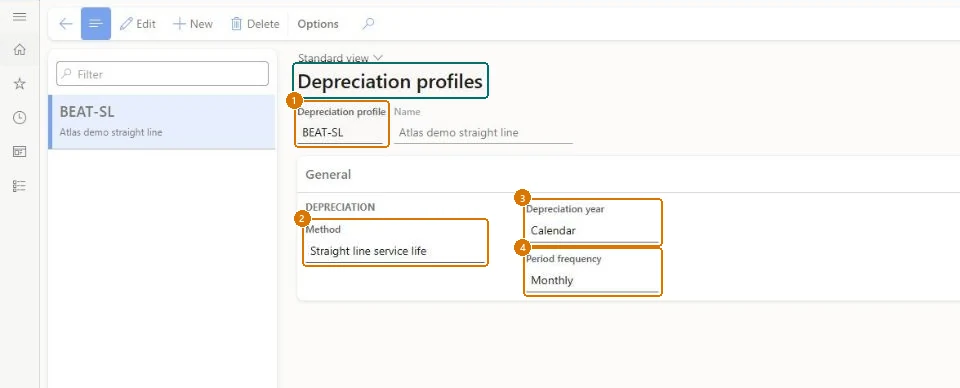 Create the depreciation profile (zoomed on the outlined fields)