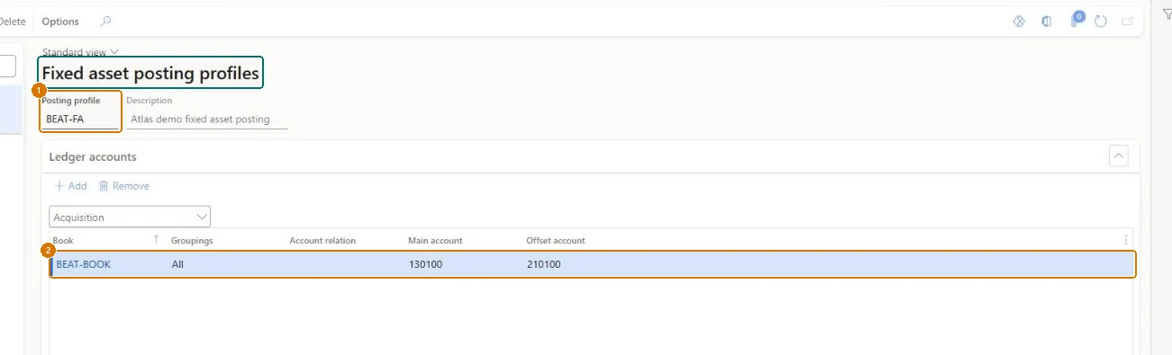 Create the fixed asset posting profile (zoomed on the outlined fields)
