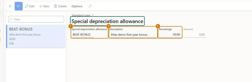 Create the special depreciation allowance (zoomed on the outlined fields)