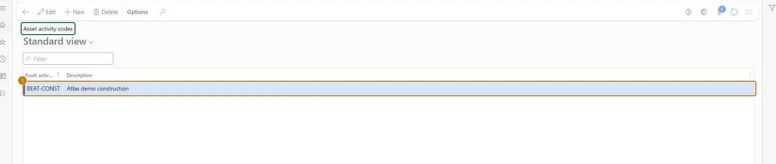 Add the asset activity code (zoomed on the outlined fields)