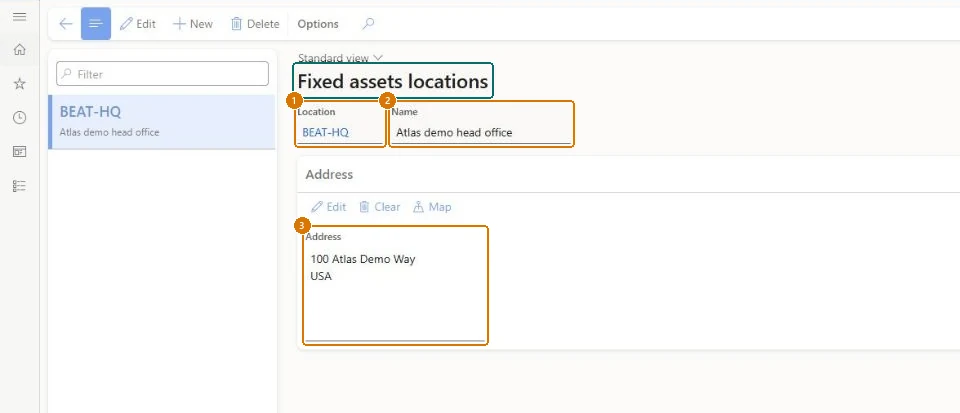 Create the fixed asset location (zoomed on the outlined fields)