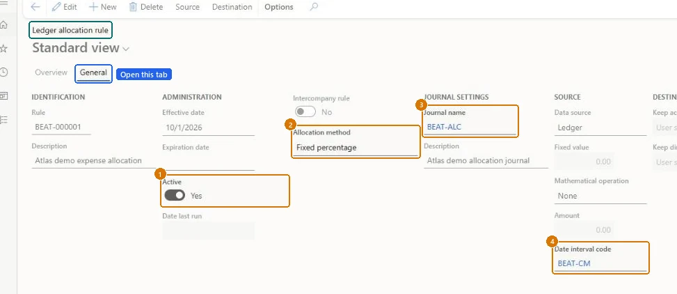 Create the ledger allocation rule (zoomed on the outlined fields)