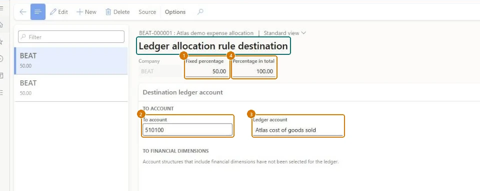 Add the allocation destinations (zoomed on the outlined fields)
