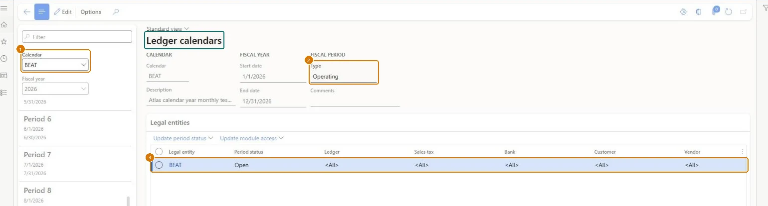 Open the period for the legal entity (zoomed on the outlined fields)