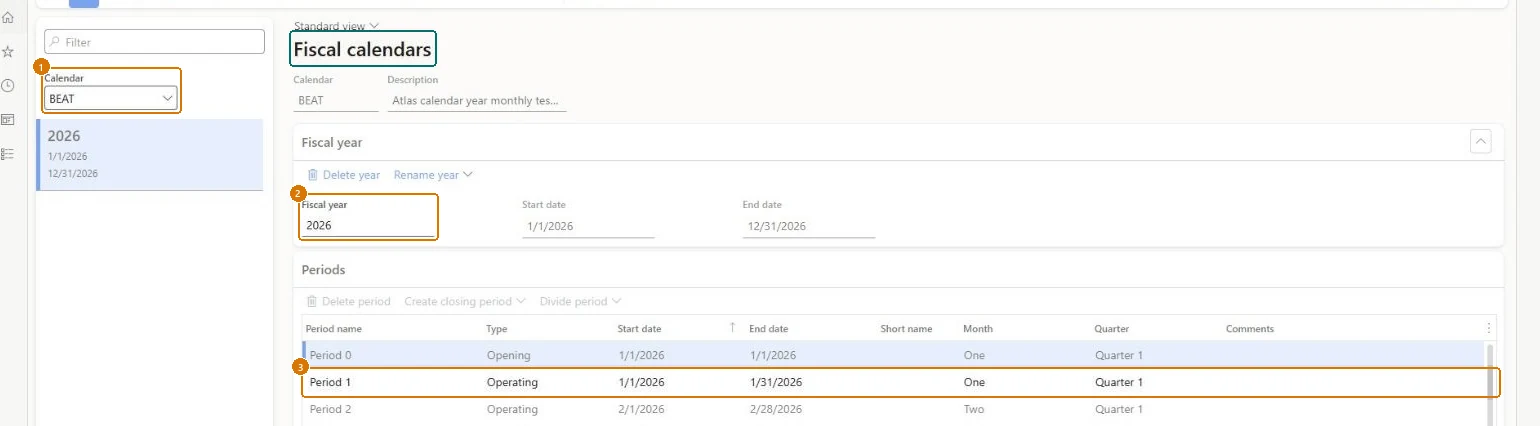 Create the fiscal calendar and year (zoomed on the outlined fields)