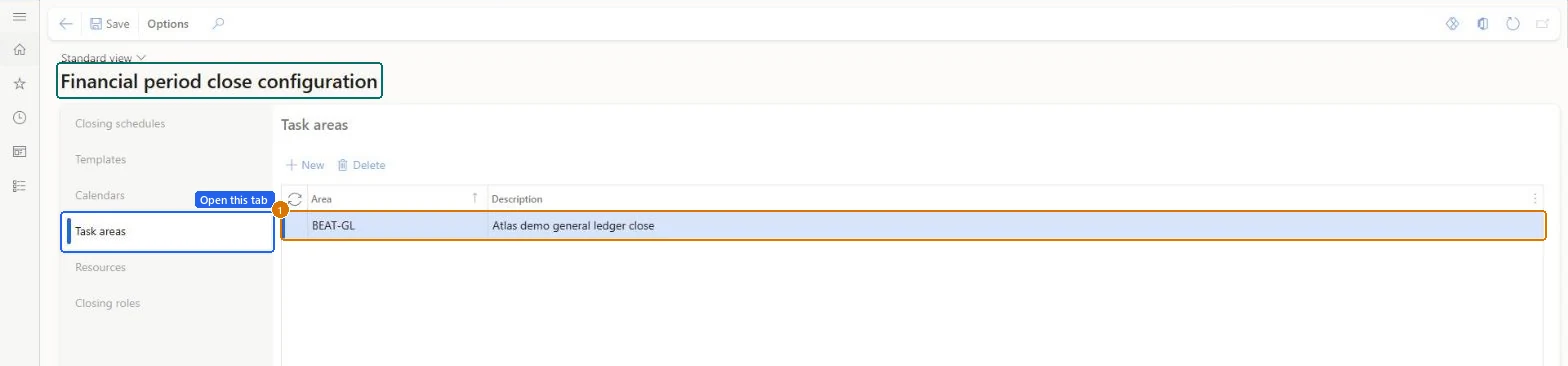 Create the period close task area (zoomed on the outlined fields)