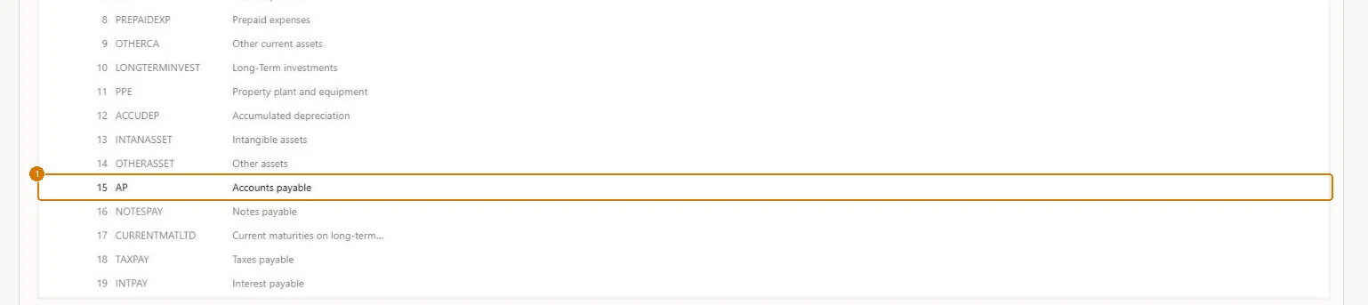 Review the main account categories (zoomed on the outlined fields)