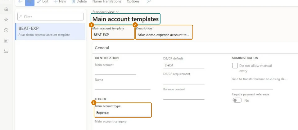 Create the main account template (zoomed on the outlined fields)