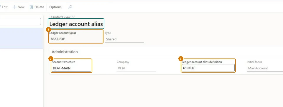 Create the ledger account alias (zoomed on the outlined fields)