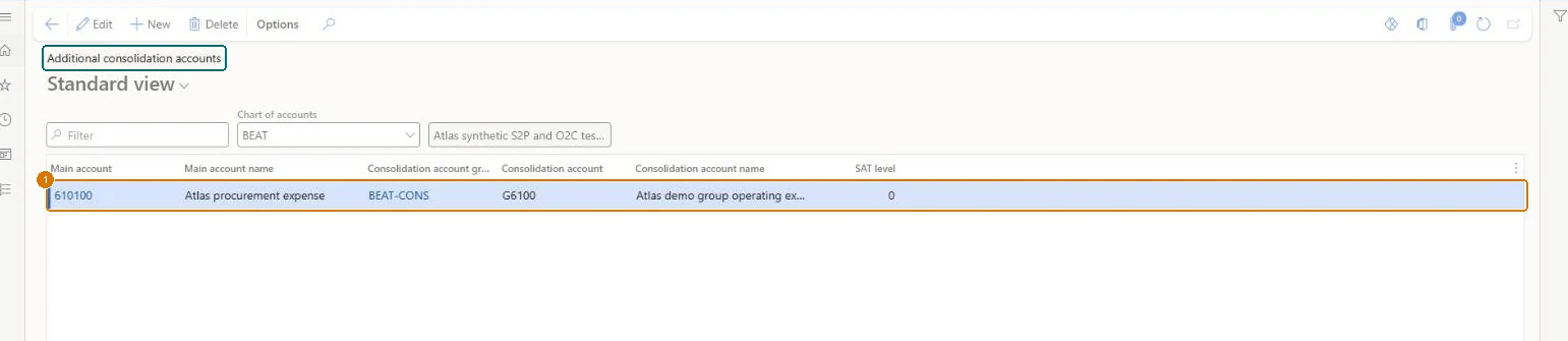 Map the main account to a consolidation account (zoomed on the outlined fields)