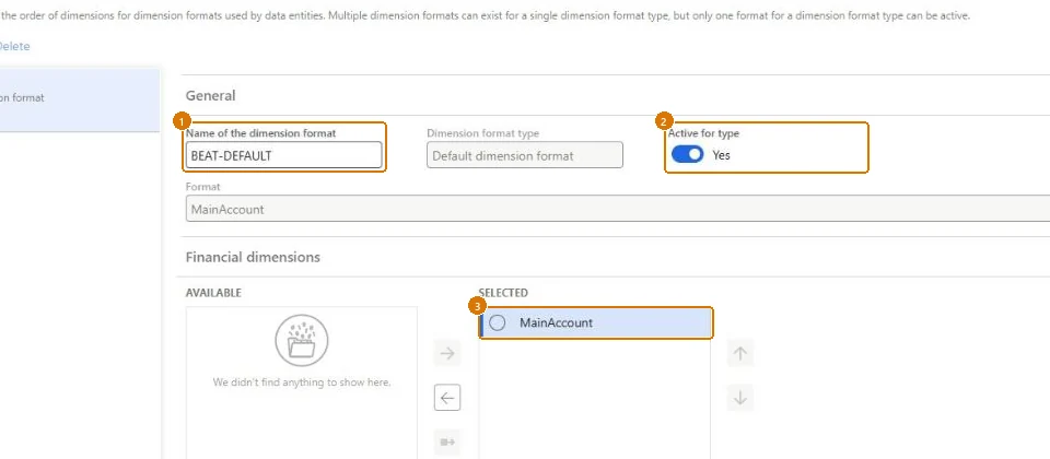 Set the dimension format for data entities (zoomed on the outlined fields)
