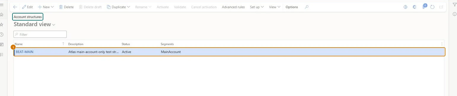 Create and activate the account structure (zoomed on the outlined fields)