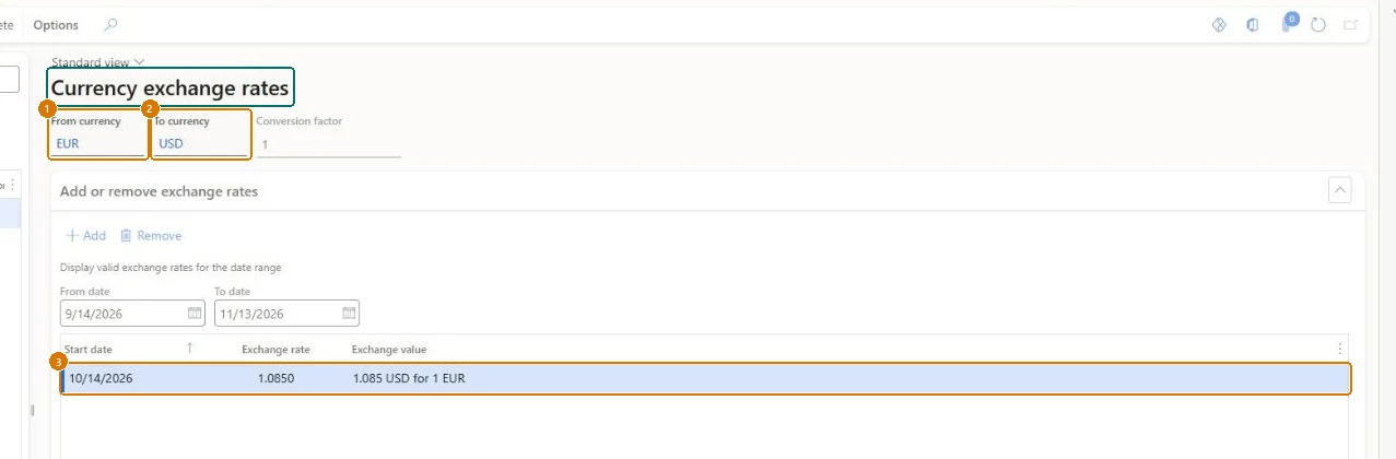 Enter the exchange rate (zoomed on the outlined fields)