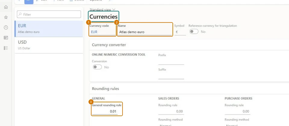 Set up the currency (zoomed on the outlined fields)