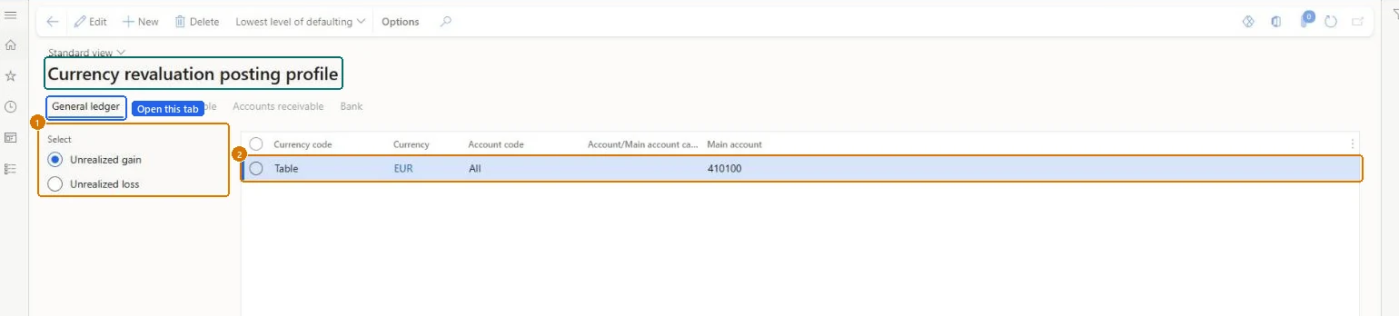 Set the revaluation posting profile (zoomed on the outlined fields)