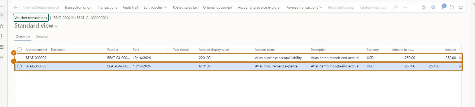 Check the posted voucher (zoomed on the outlined fields)