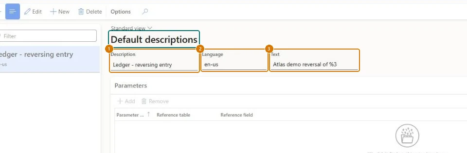 Set the default description for reversing entries (zoomed on the outlined fields)