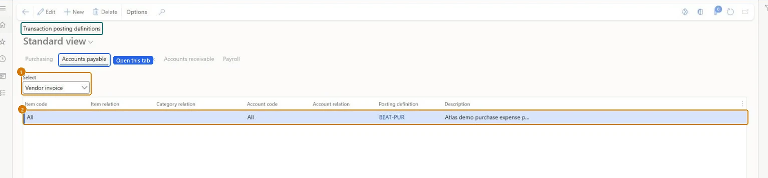 Assign the posting definition to vendor invoices (zoomed on the outlined fields)