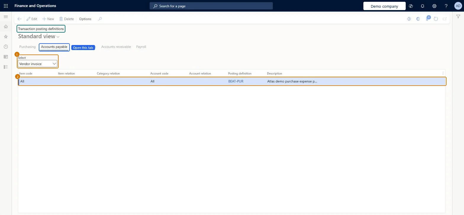 Assign the posting definition to vendor invoices