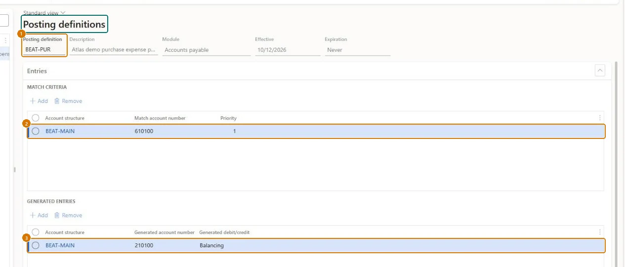 Create the posting definition (zoomed on the outlined fields)